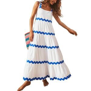 Rosa Clothing Simole Ripple Striped Sleeveless Maxi Sundress White Blue Medium